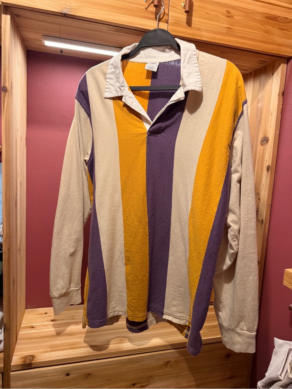 Urban Outfitters Striped Rugby Polo in Mustard, Purple, and Cream